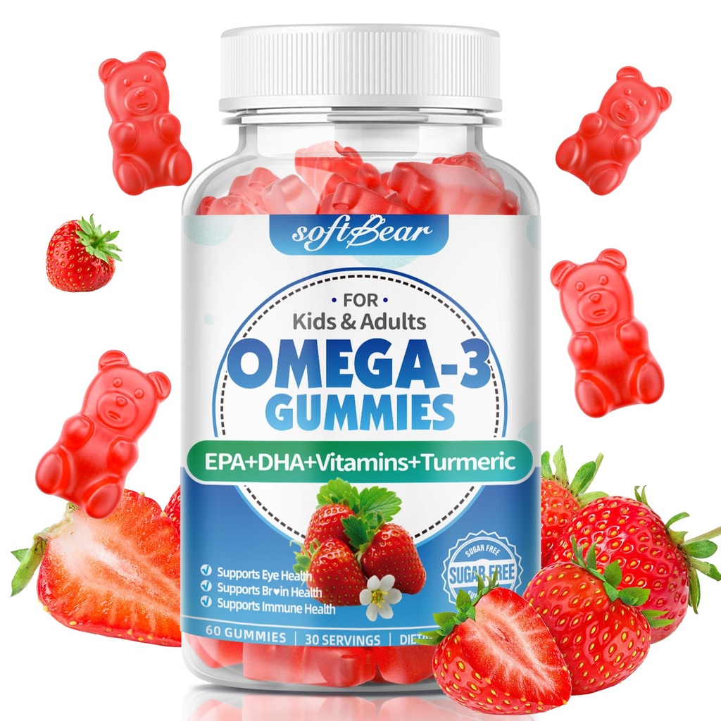 Omega 3 Gumijas sievietēm un vīriešiem un bērniem Omega 3 Papildinājumi 1200mg Vegan Omega 3 Taukskābes DHA EPA ar vitamīniem Atbalsts acu un smadzeņu veselība, bez cukura, zemeņu Flavor 60 Count