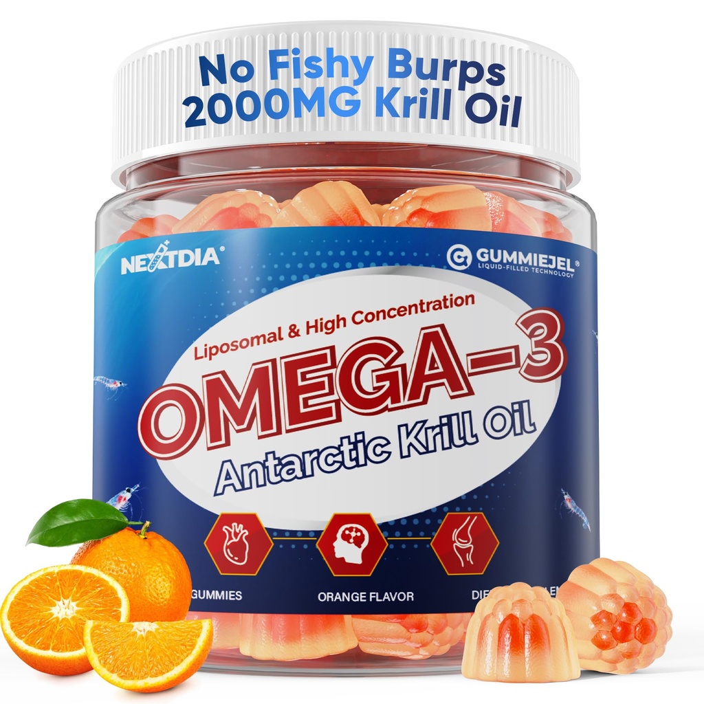 Liposomālā Antarktika Krila eļļa Omega 3 Gumijas 2000mg - Šūnu līmeņa absorbcija Omega 3 ar EPA, DHA un astaksantīnu - Antioksidantu un smadzeņu atbalsts - Zivju eļļas papildinājumi Alternatīva - 60 grāvis