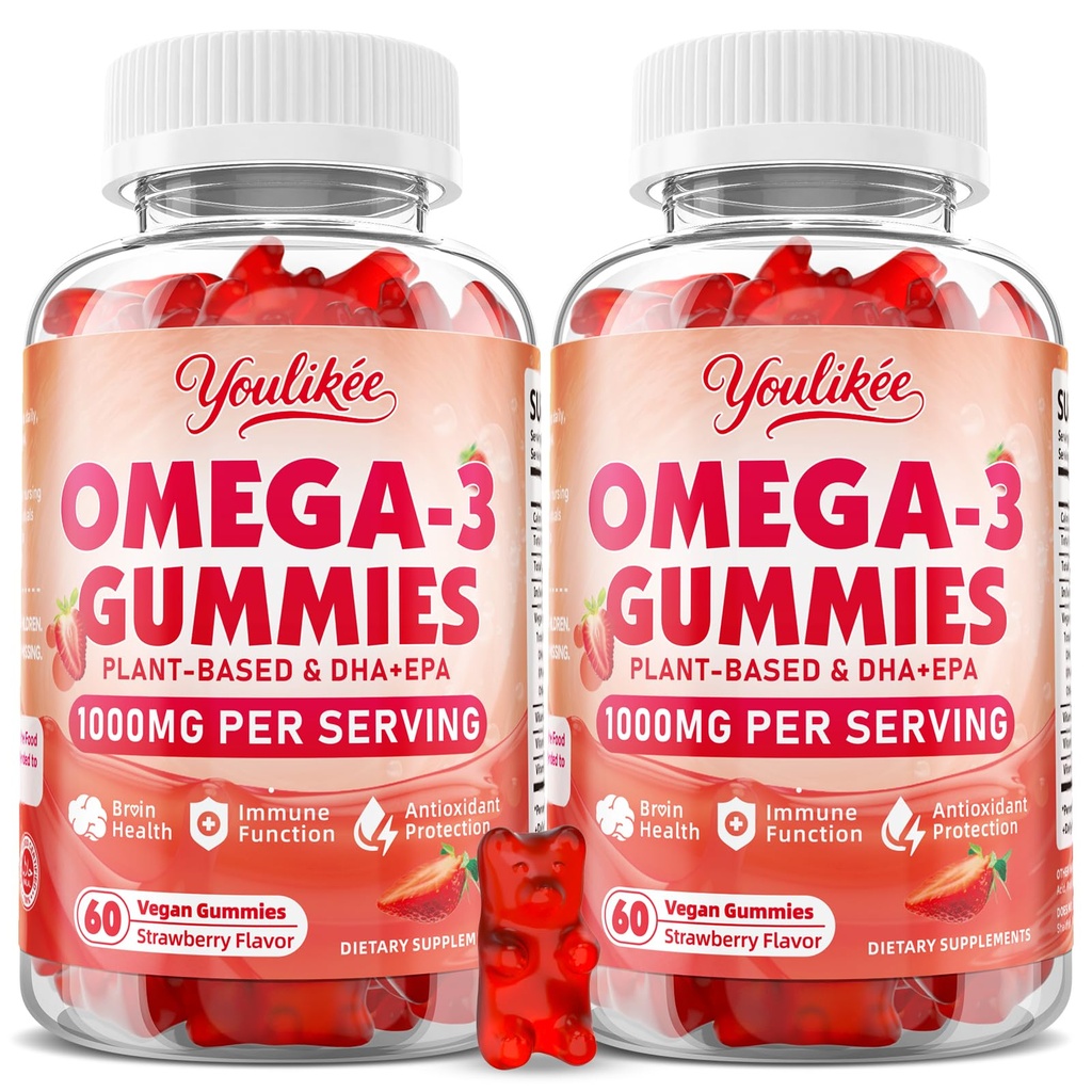 2 Iepakojums Vegan Omega-3 Gummies 1000mg, Omega 3 Zivju eļļa Alternatīva pieaugušajiem, augu izcelsmes DHA 460mg & EPA 230mg w/Vitamin A, C, E, Strawberry Flavor, 120 Count