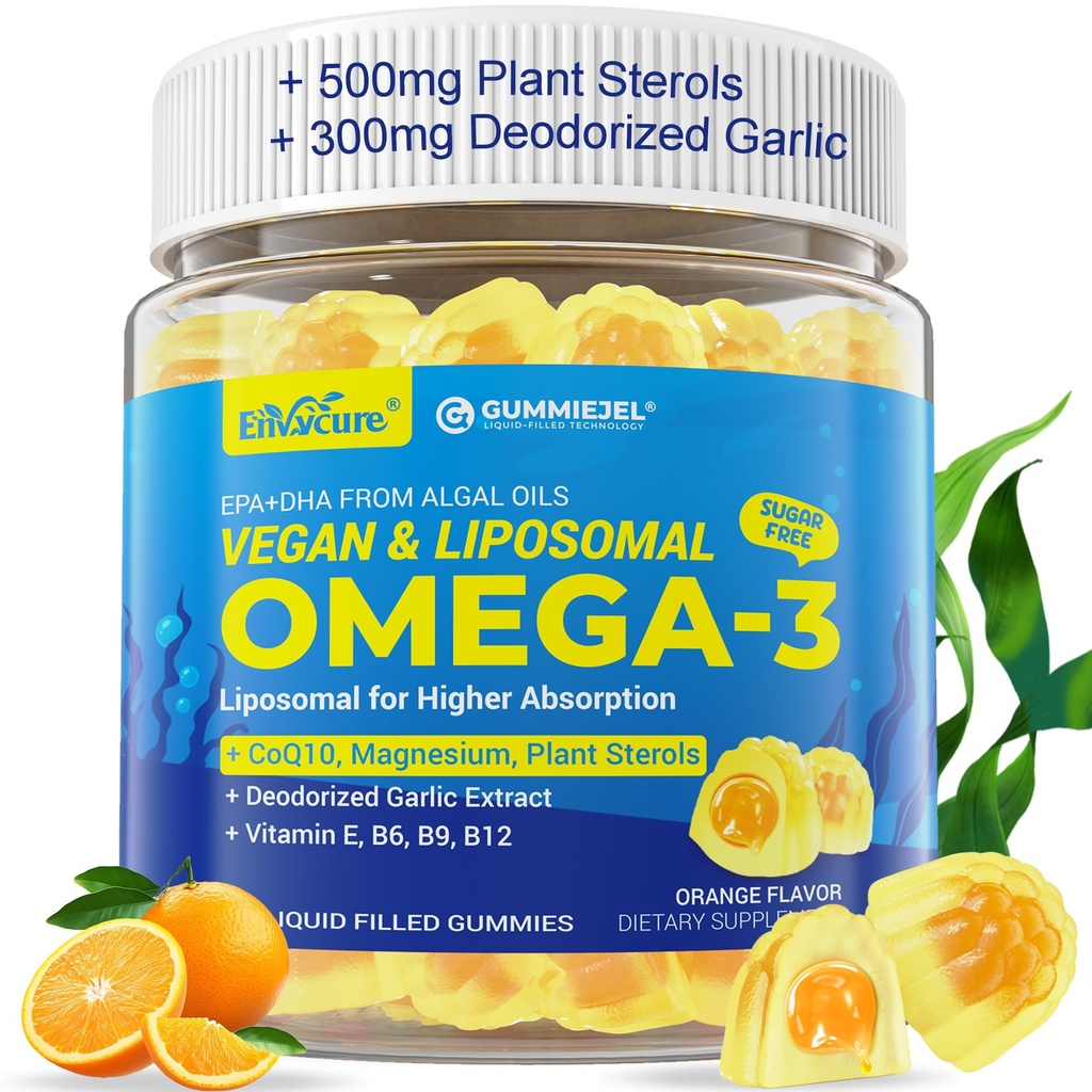 Vegāns Omega-3 Gumijas 1000mg +CoQ10+Magnijs- EPA 600mg & DHA 400mg, Zivju eļļa Omega 3 Papildinājumi Alternatīvas sievietēm Vīriešiem Pieaugušajiem- Liposomālā Forma -Algeja- Augu sterīni, Garlic,B6,B9, B12, Bez cukura