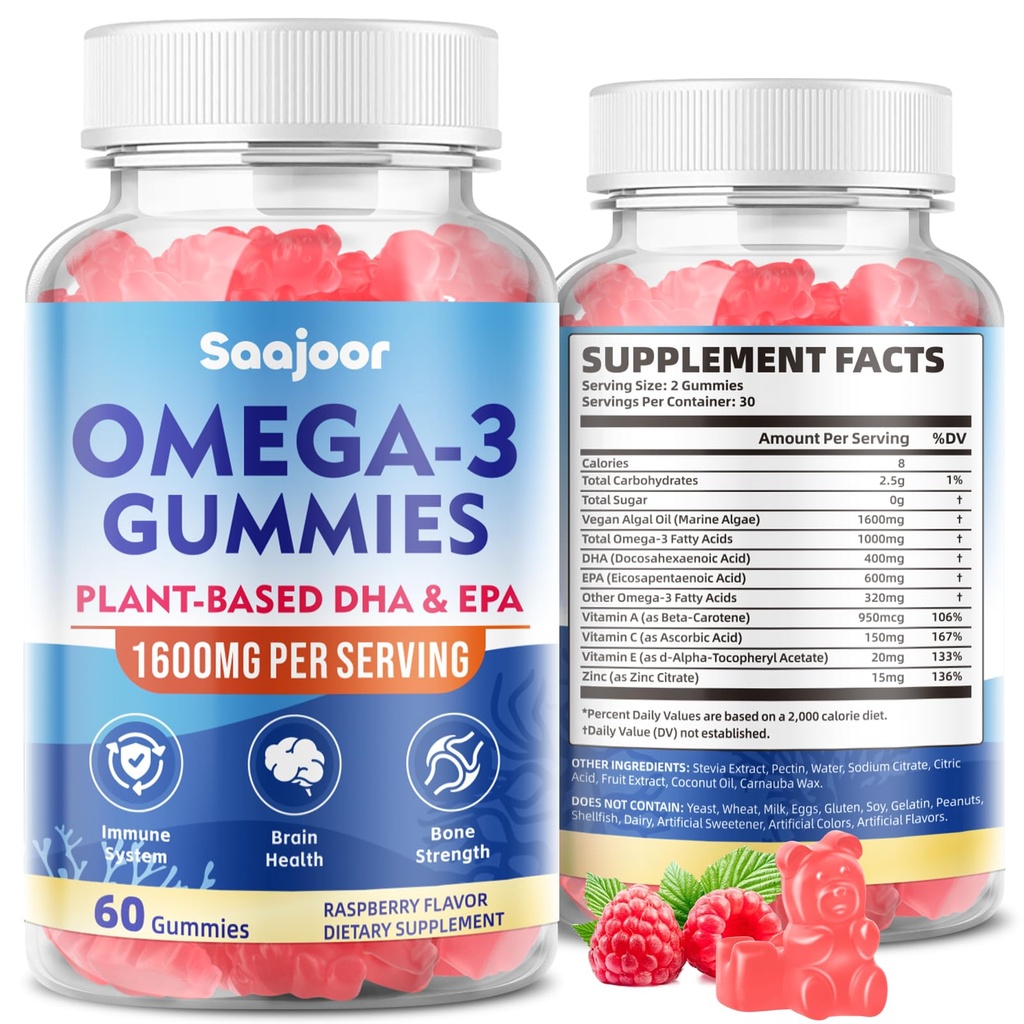 Vegan Omega-3 Gumies1000mg pieaugušajiem - bezcukura papildinājums ar 400mg DHA & 600mg EPA, vitamīni A, C, E un Cinka - 60 Skaits