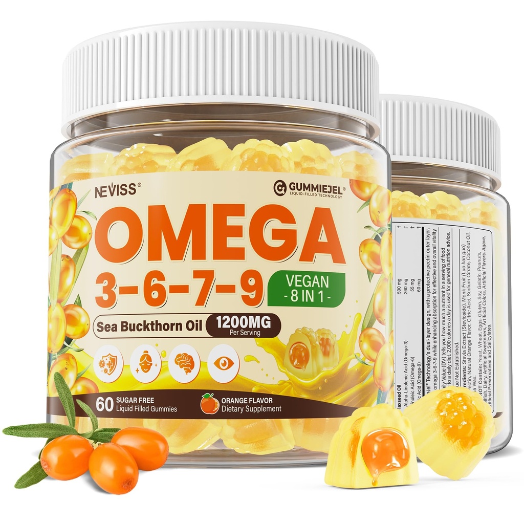 Omega 3-6-7-9 Gumijas, Organiskā smiltsērkšķu eļļa 1200MG & Flaxeed Oil 500MG, Vegan Omega 7 Papildinājums ar A, C, E vitamīnu, taukskābēm, bez zivju garšvielām, uztur ādu, aci, imunitāti, smadzeņu veselību, 60 Cts
