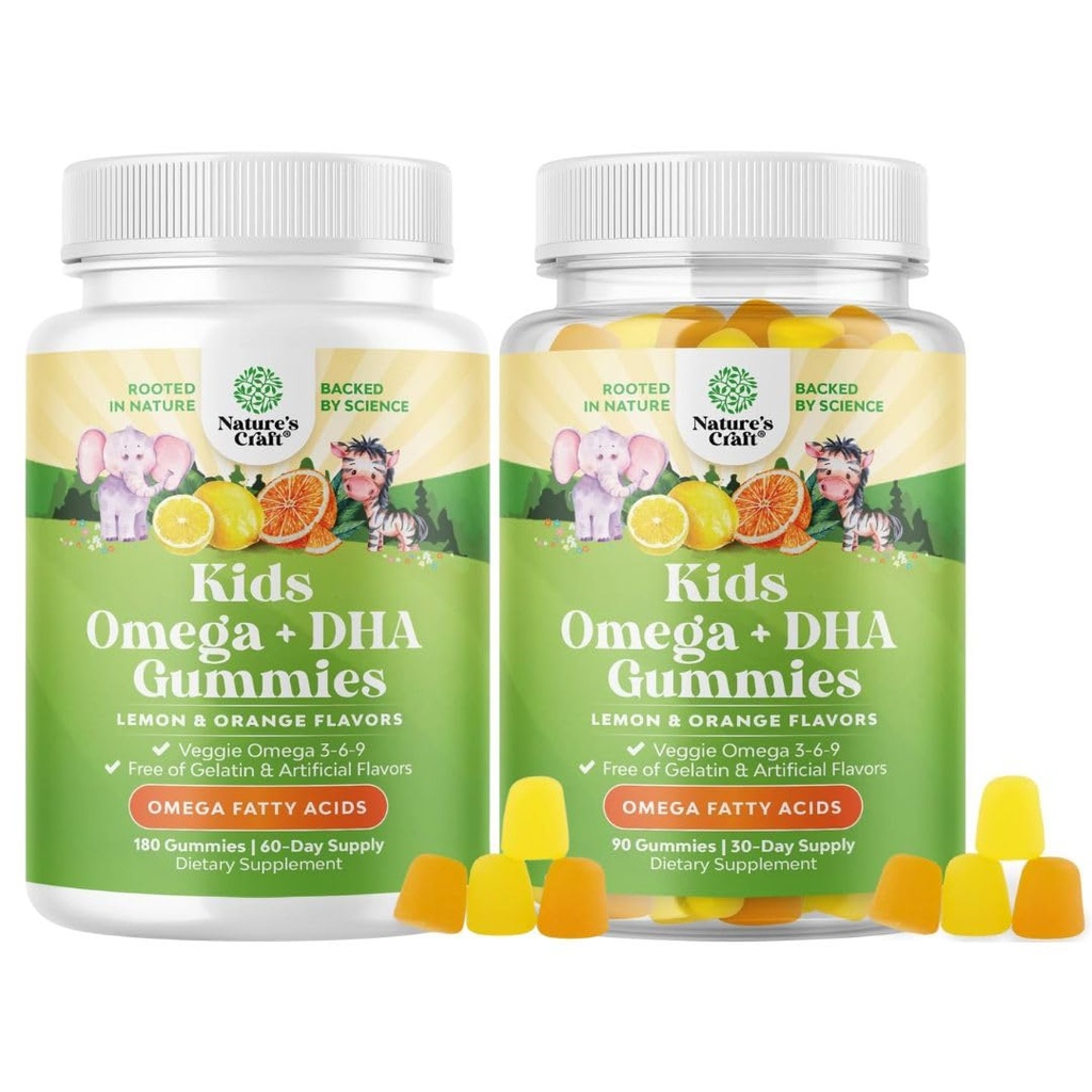 Omega DHA Gumijas bērniem - Taukskābes Omega 3 6 9 ar C vitamīnu smadzenēm, imunitāti un redzi - Uztura DHA veselīgai nervu sistēmai un fokusa atbalstam - Bez veģetāriešiem un lipekļa