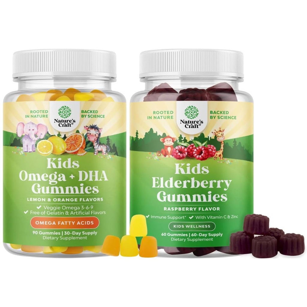 Kids DHA Omega 3 Gumijas - bez zivīm ar veģetāru 6 9 Vision Brain & Immunity un Sambucus Elderberry Gummies bērniem - Black Elderberry ar cinku un C vitamīnu Imūnu atbalstam