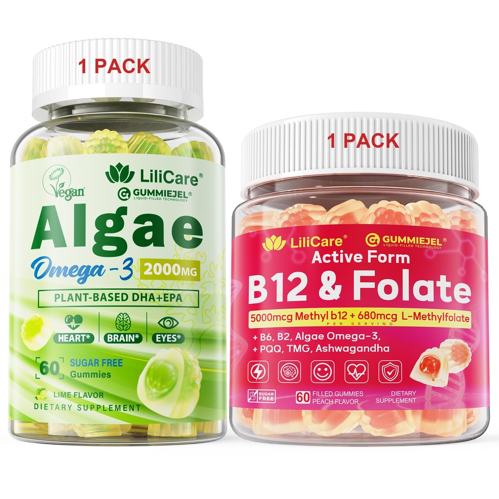 Paciņa: Algae Omega 3 Gummies 1 iepakojums un metil- B12 + L-metilfolāts Gumies 1 iepakojums
