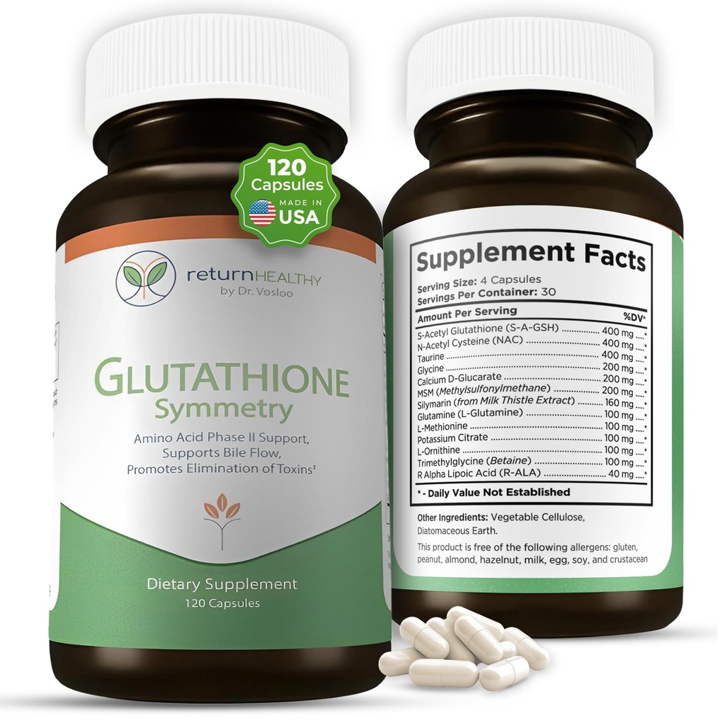 Glutatione Symmetry ; S-Acetyl Glutatione Papildinājums ; Antioksidanti & Detoksikācijas Papildinājums ; Dabiskais šūnu atbalsts ; Visu dabas, Vegan, ne-GMO, 120 vāciņi
