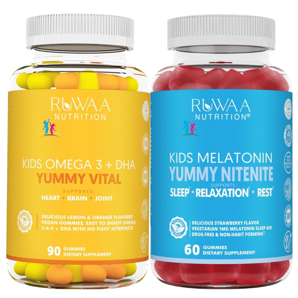 RUWAA NUTRITION Omega 3 Gumijas, DHA Gumies un 1mg Melatonin Gimmies, bez zivīm, bez garšas, bez cukura, bez GMO, ražots ASV.