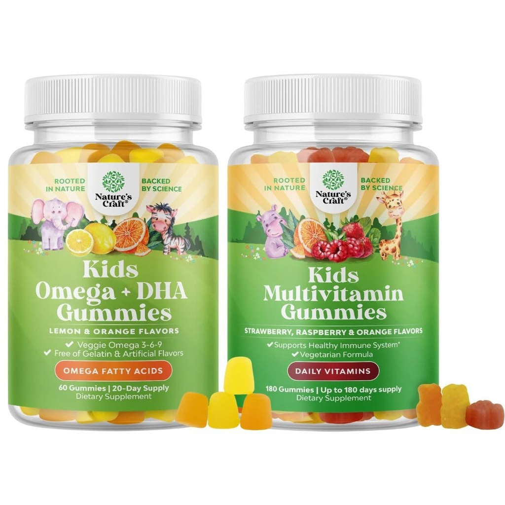 Kids DHA Omega 3 Gumijas - Taukskābes Omega 3 6 9 smadzenēm, imūnās stiprības un redzes un augu bāzes Kids Multivitamīnu Gumijas ar vitamīniem A C D3 E B un cinks imunitātes atbalstam