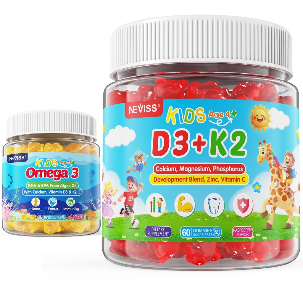 Kids D3 vitamīns K2 Gummies 2 iepakojums + Omega 3 Gumijas bērniem 2 iepakojumi
