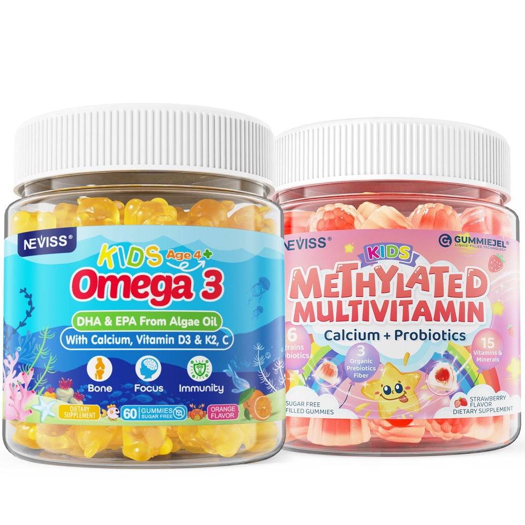 Bērni Metilēti multivitamīni Gumijas ar kalciju, probiotikām + Omega 3 Gumijas ar D3 un K2 vitamīnu, C, DHA