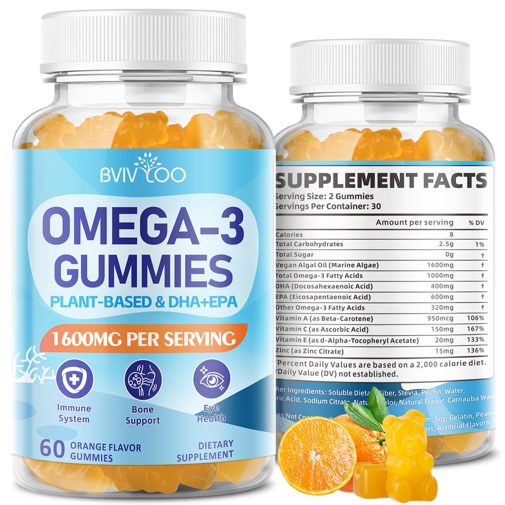 Vegan Omega 3 Gumies - 1600mg ar 600mg EPA & 400mg DHA. Augstas absorbcijas formula. Delicious Orange Flavor - 60 Gumijas
