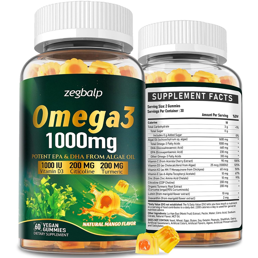 Omega-3 papildinājums Gumijas sievietēm un vīriešiem - 1000mg Vegan Omega3 DHA & EPA ar turmeriku, vitamīnu D3, K2, citiolīnu vispārējai veselībai - Aļģu eļļa Omega 3 Taukskābju piedevas, bez cukura