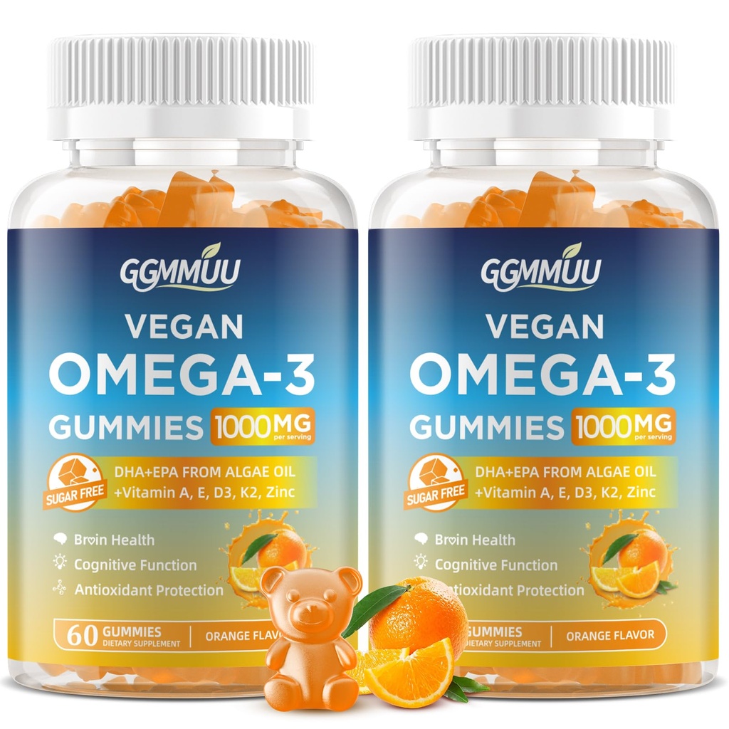 2 Iepakojums Vegan Omega 3 Gummies 1000MG Aļģu eļļa Omega 3 Papildinājums pieaugušajiem ar Algae DHA 600mg & EPA 300mg Zivju eļļa Alternatīva - acu un imūnās veselības, Orange Flavor, 120 Count