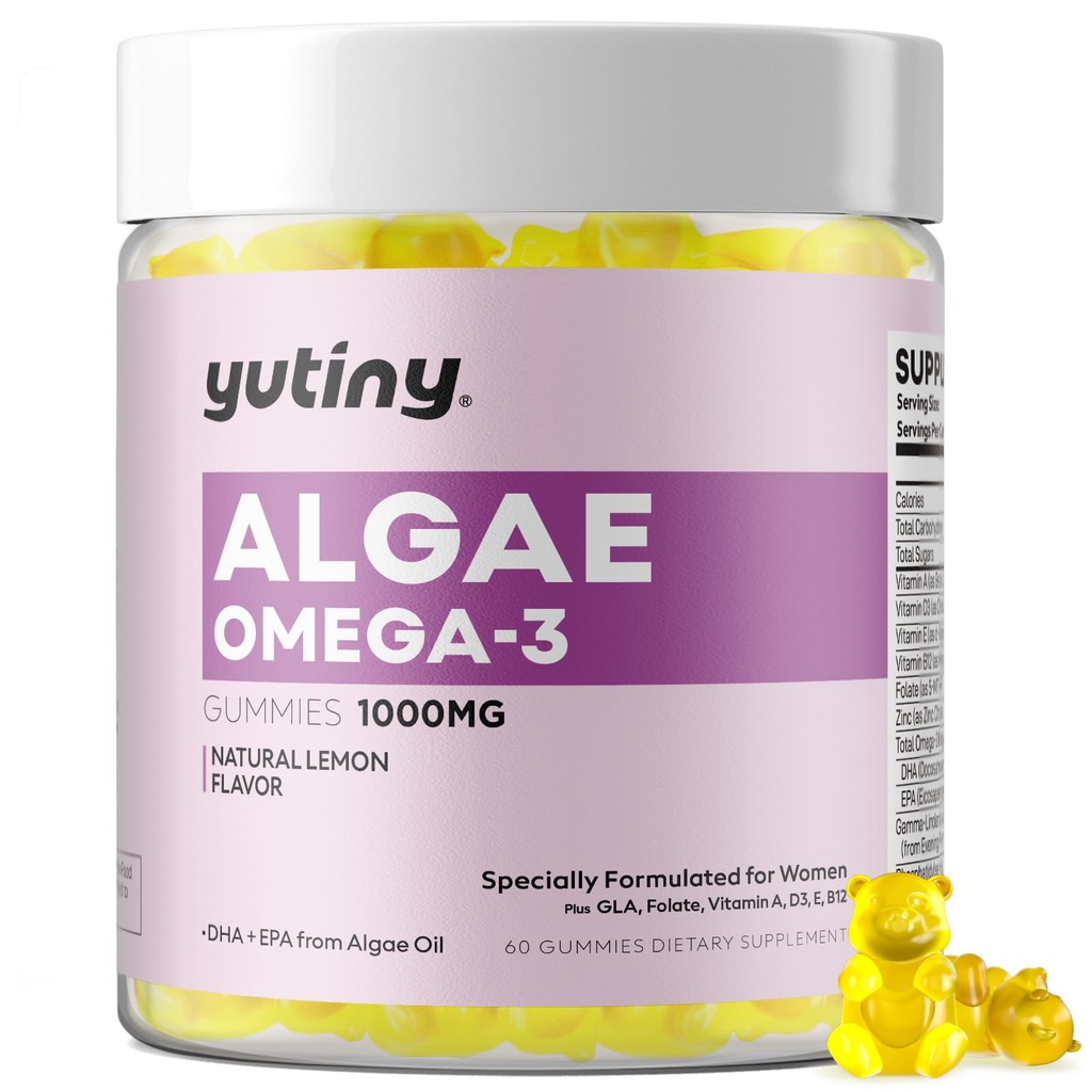 Vegan Omega 3 Gumijas sievietēm, Algae Omega 3 1000 mg Papildinājums ar DHA, EPA, GLA, A vitamīnu, E, B12, Folātu, ādas un smadzeņu veselību, bez cukura, 60 skaitīšanas