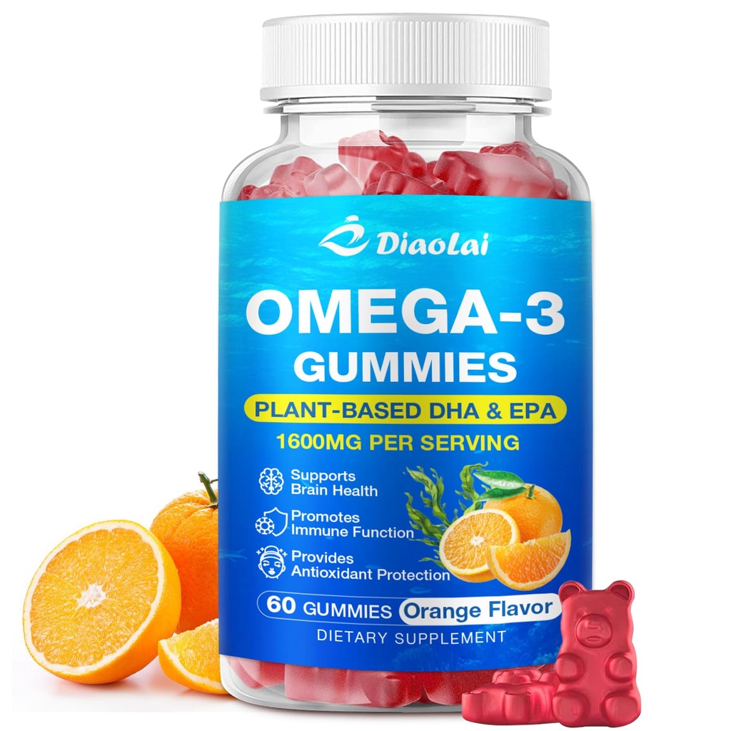 Vegan Omega-3 Gumijas pieaugušajiem – bez cukura, uz aļģu bāzes DHA 600mg & EPA 300mg, ar vitamīniem A, C, E, cinks – omega 3 Zivju eļļa Alternatīva, 60 skaitļa