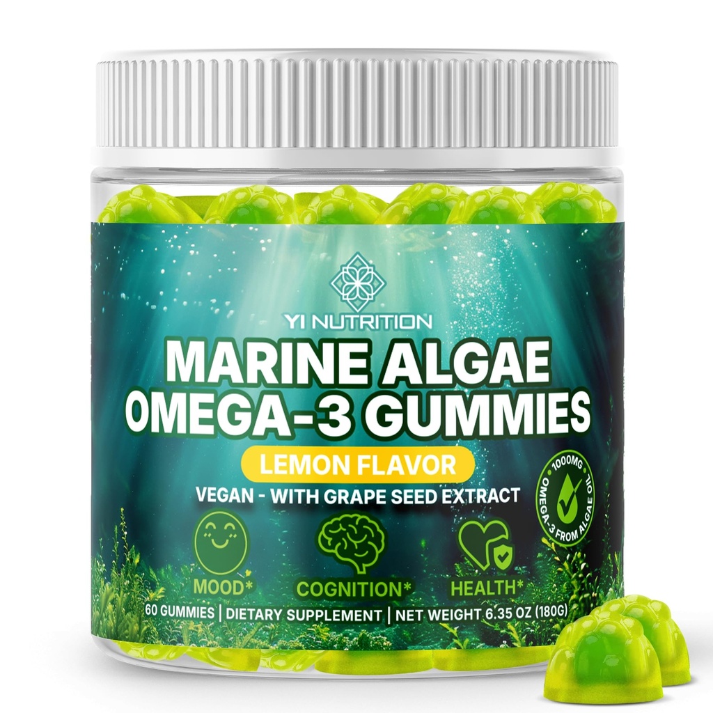 Marine Algae Omega 3 Gumijas ar 3400mg+ ; DHA/EPA/ALA, 20:1 Vīnogu sēklu ekstrakts, C vitamīns un folāts; Sirds, smadzenes un āda; augu bāzes, bezcukura, 60 Ct
