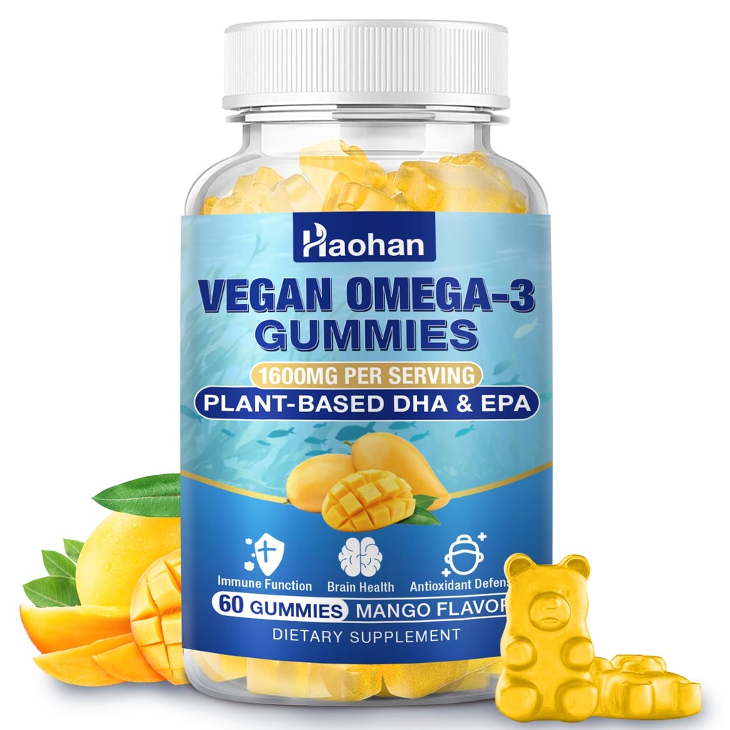 Omega-3 Gumijas pieaugušajiem, Oranžais Flavors – bez cukura, Aļģu DHA 600mg un EPA 300mg, ar vitamīniem A, C, E, Cinka, 60 Gumijas