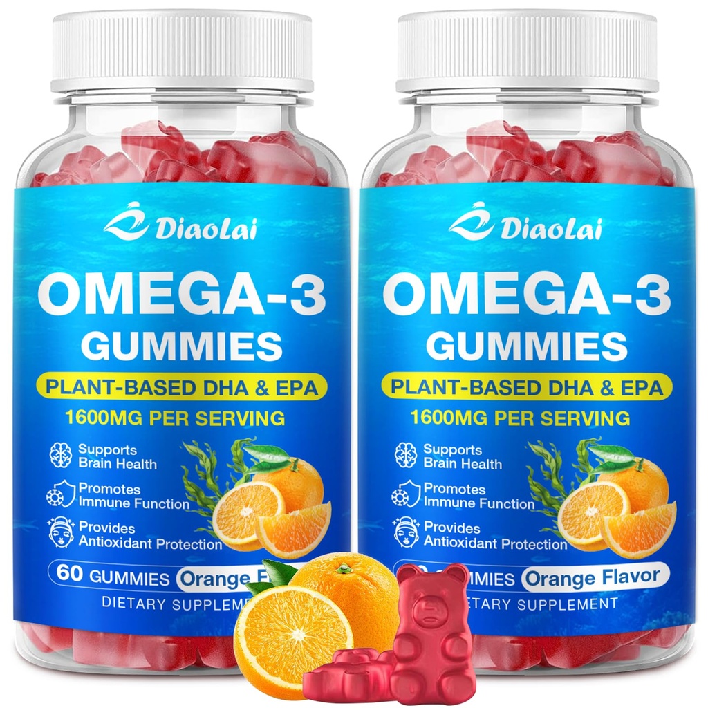 2 Iepakojums Vegan Omega 3 Gumijas pieaugušajiem – bez cukura, uz Aļģu bāzes DHA 600mg un EPA 300mg, ar vitamīniem A, C, E, Cinka – omega 3 Zivju eļļas alternatīva, 120 skaitļa