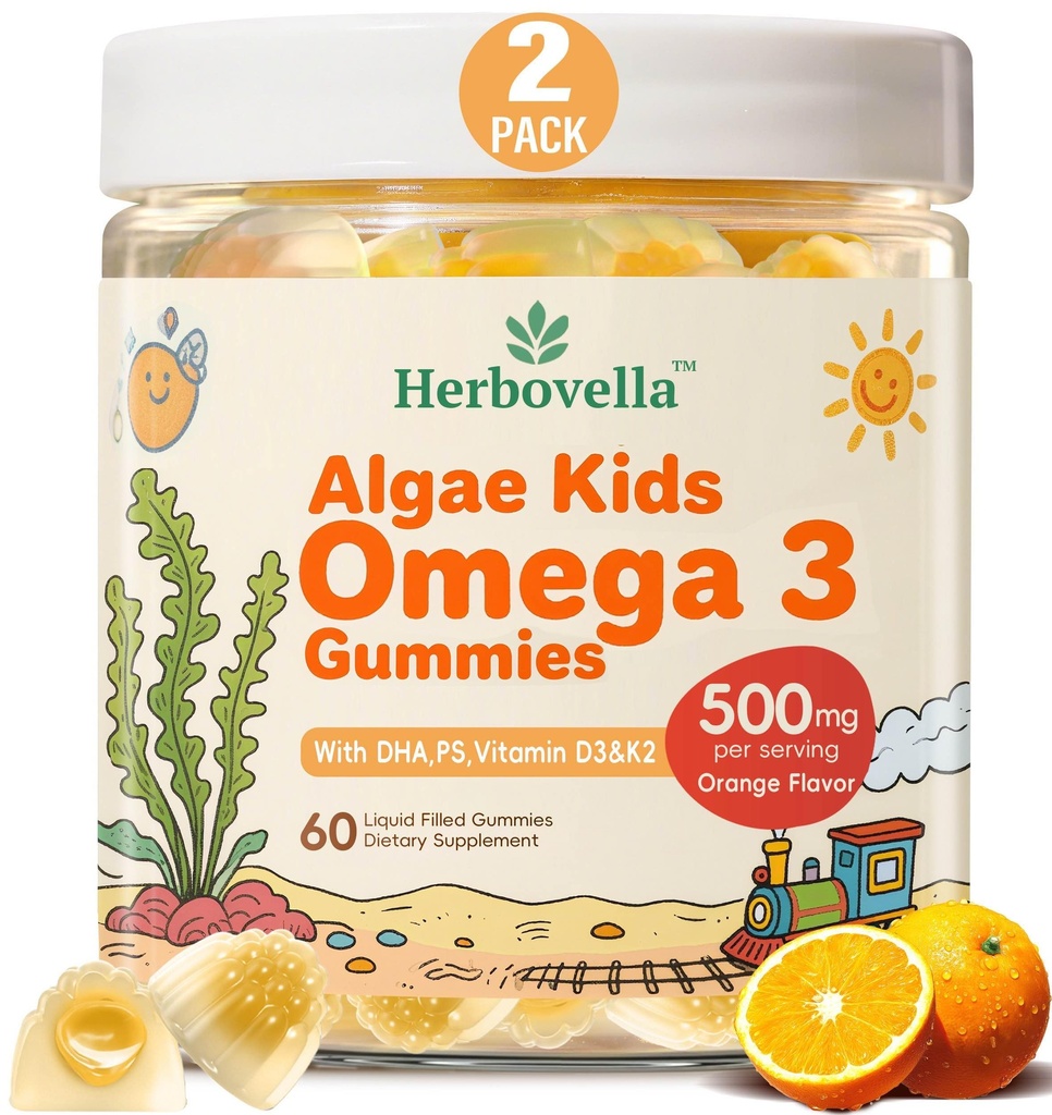 Kids Omega 3 Gummies 2 Iepakojums, Vegan Algae DHA 420mg ar PS, vitamīnu D3 K2, bez cukura, bez zivju eļļas, smadzeņu un fokusa atbalsts bērniem, 120 Gumijas