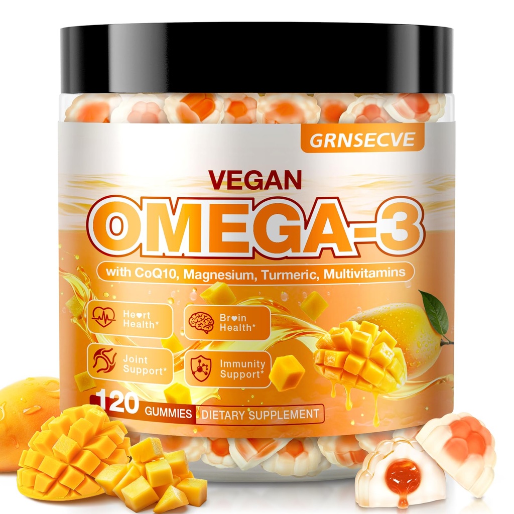 Vegan Omega 3 Gumijas - Zivju eļļa Omega 3 Papildinājumi Alternatīva pieaugušajiem - Aļģes DHA 600mg & EPA 400mg, vitamīns D3 K2 - Nav zivju garša - smadzenēm, acīm, imūns atbalsts - bez cukura,120 grāfs