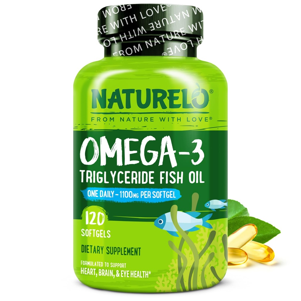 NATURELO Bezsuku omega 3 Zivju eļļas papildinājums - 1100mg Triglicerīda Omega 3, EPA + DHA, šķidrā zivju eļļa sirds, acu, smadzeņu, locītavu veselībai - 120 softgeli, 4 mēnešu piegādes