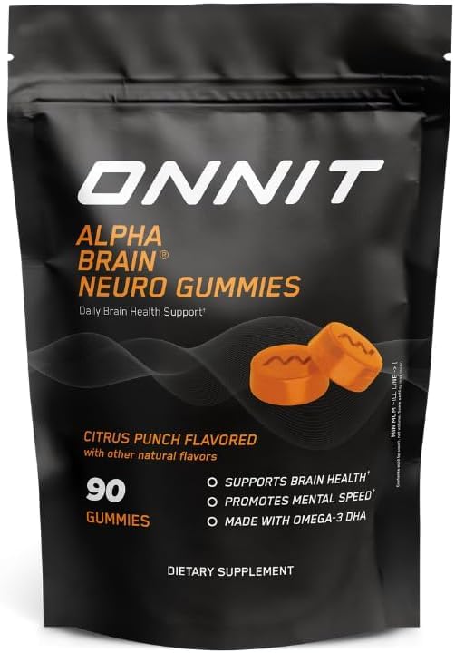 ONNIT alfa smadzeņu neirofokusa gumijas, IGEN ne-ĢMO testētas vegangumijas ar omega 3s luteīnu Zeaksantīnu un kofeīnu, smadzeņu aci un fokusa papildinājumu vīriešiem un sievietēm, Citrus Punch, 90 grāfs