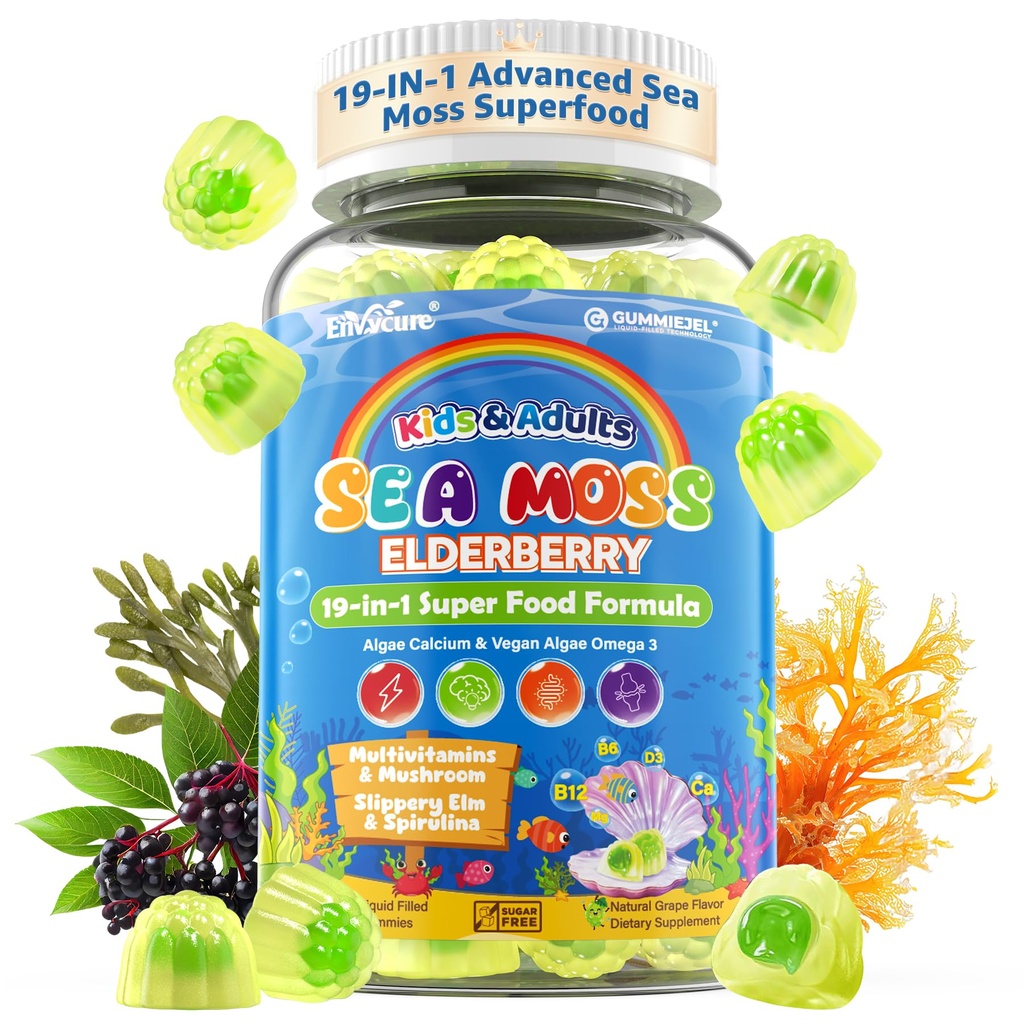 Sea Moss + Plūškoka Gumijas bērniem un pieaugušajiem, 19-IN-1 Super Food with Spirulina, Algae Omega 3, Algae Kalcijs, Ašvaganda, Sēnes, Vitamīni D3, C imūnai, Gut, Kaulu, Enerģija, Smadzenes,Vegan 60Cts