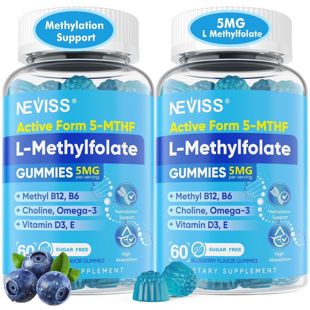 L Methylfolate Gumies & Metil B12, Active 5-Mthf Metilēts folijāts 5mg Papildinājums sievietēm w/Metil B Complex,Choline,Magesium,Omega-3,Metilfolāts metilācijai,Focus,Mood,Cugar free,2Pack
