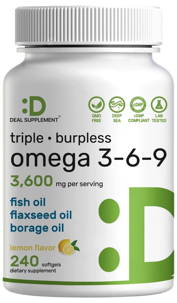 Triple Omega 3-6-9 Zivju eļļas piedevas 3,600mg – 240 Softgels ar flaxseed Oil & Borage Oils Complex – High EPA + DHA – Burpless Pills, Lemon Flavored, Wild Caught – Heart, Common, & Brain Support