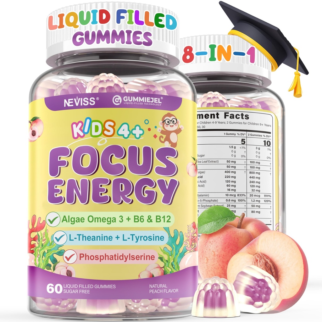 Bērniem Focus Gummies - smadzeņu papildinājumi ar Vegan Omega 3 DHA, Fosfatidilserīns, L-Teanīns, L-Tirozīns, metilēts B6 & B12 bērniem un pusaudžiem Atbalsta uzmanība, Atmiņa, Nootrop, bez cukura 60cts