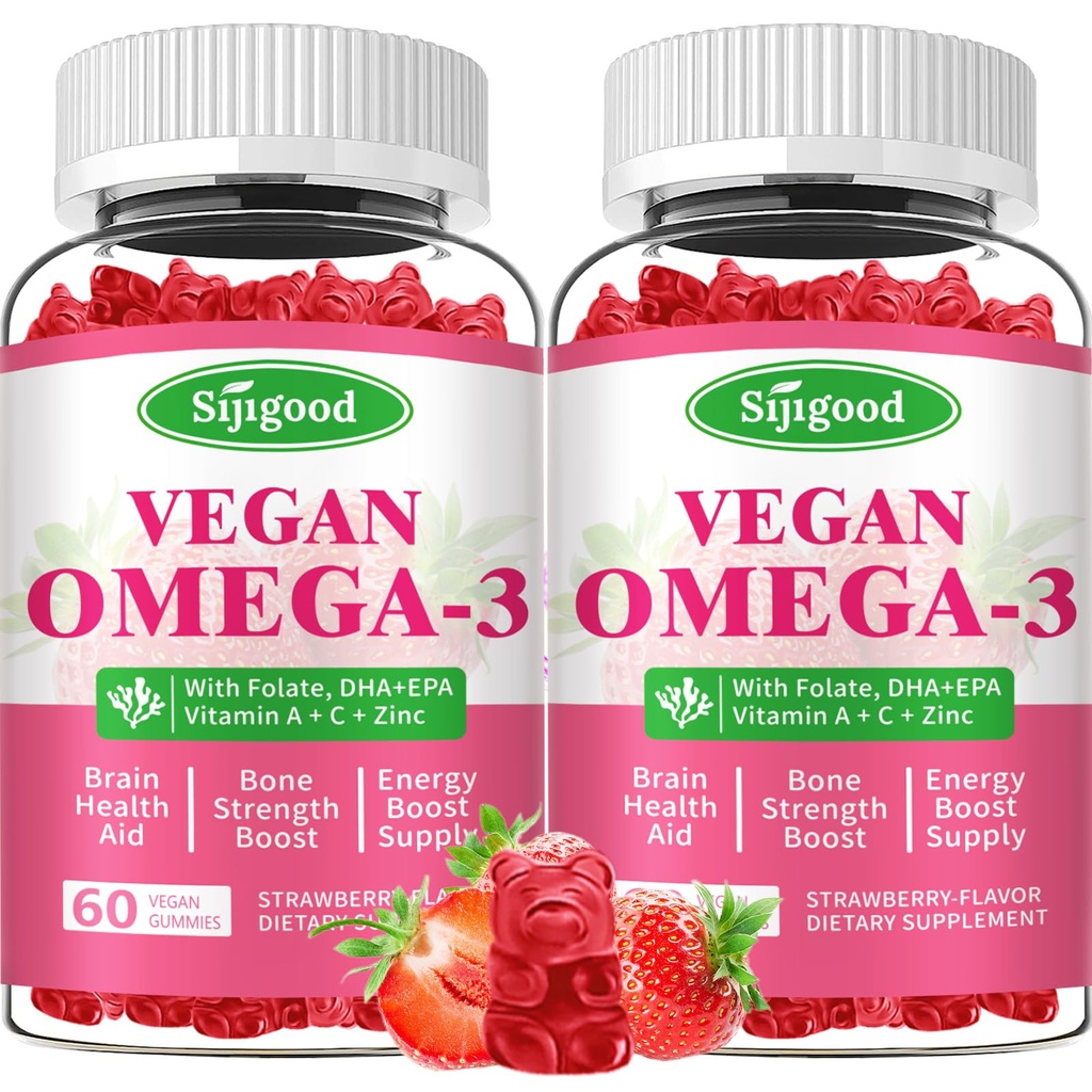 Omega 3 Gumijas Spēcīgs Aļģes Omega Avots, Boost Smadzeņu, Acu un imūnās funkcijas, ar DHA un EPA Vegan un bez cukura, zemeņu Flavor, 120 Count
