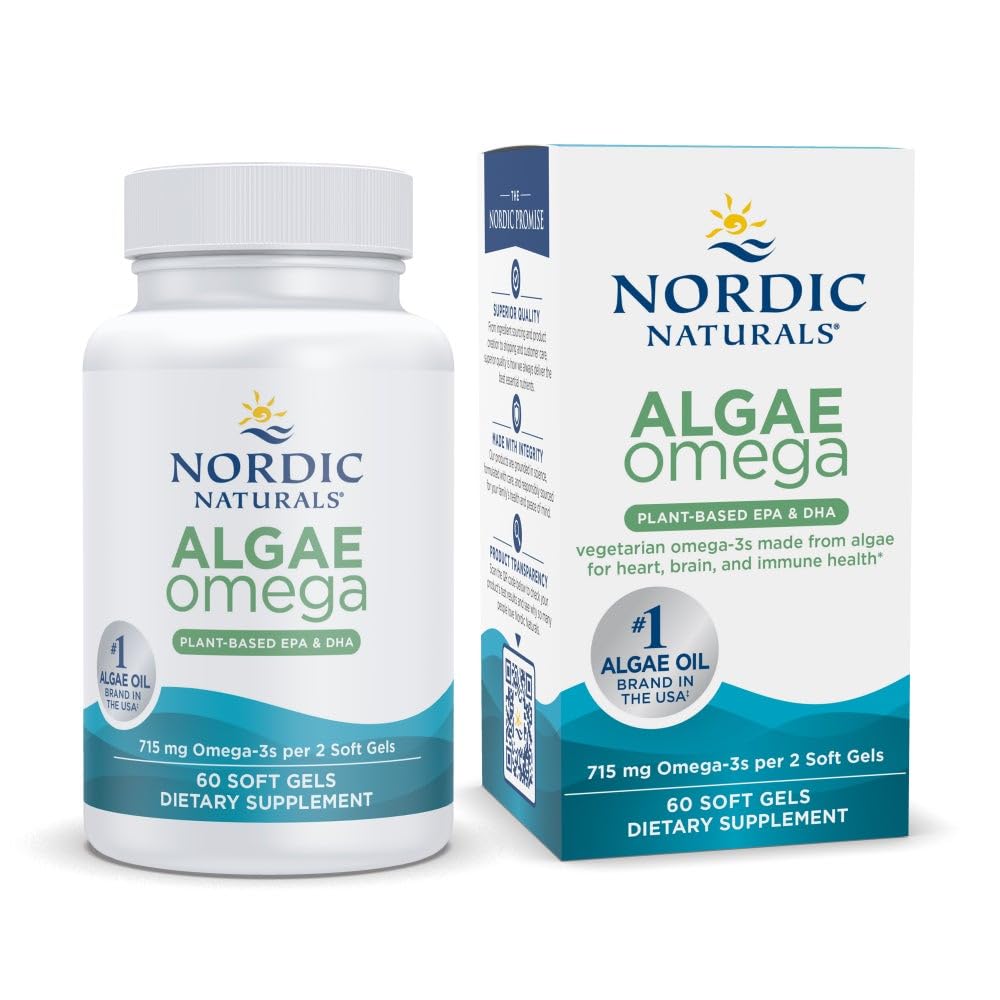Nordic Naturals Aļģes Omega - 60 Soft Gels - 715 mg Omega-3 - Sertificēta Vegan Algae Oil - Augu bāzes EPA & DHA - Sirds, acu, Imūnās un smadzeņu veselības - Ne-GMO - 30 Servējumi