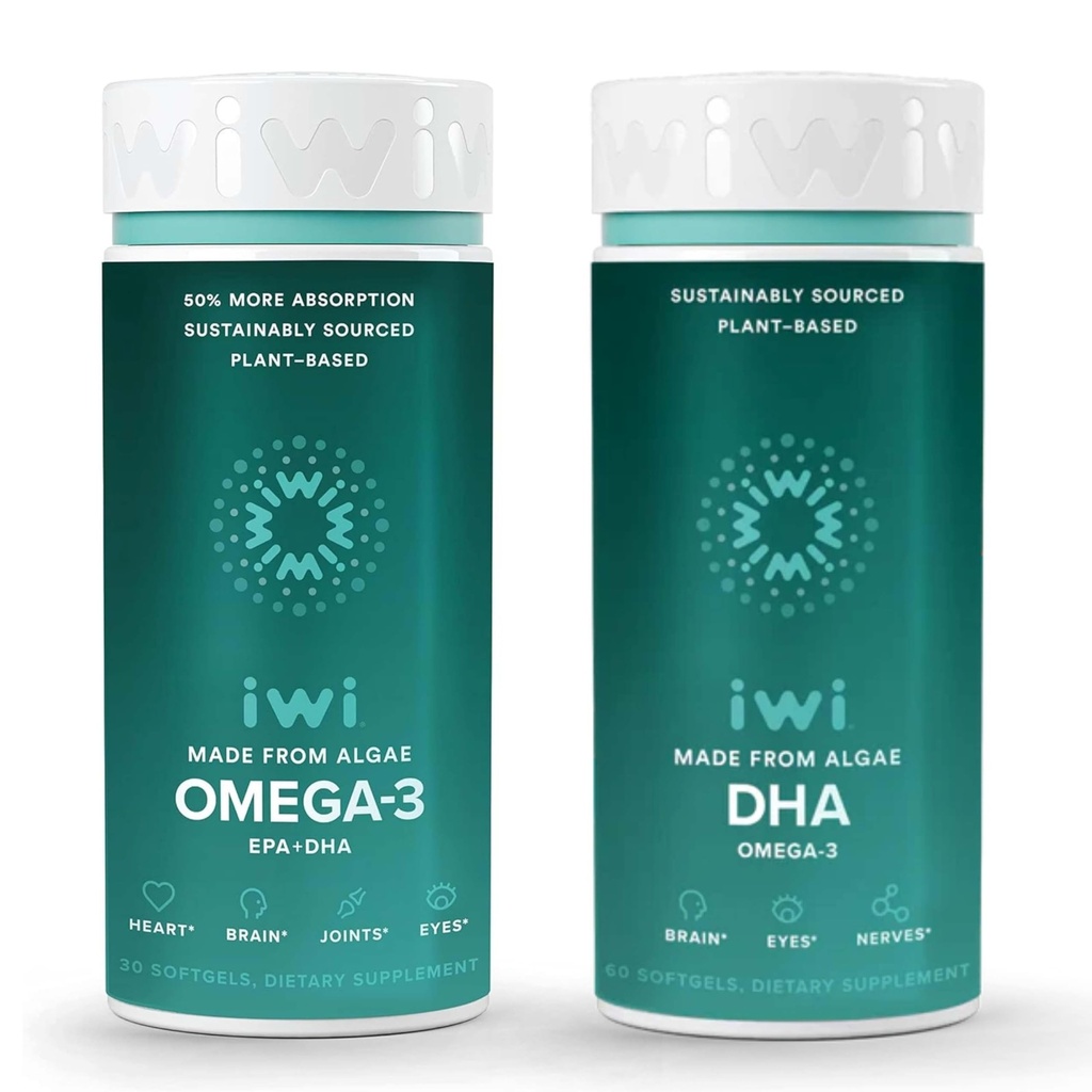 Iwi Omega 3 & DHA Omega 3 paka, 30 Kalpojumi, Vegan Plant-Based Algae Omega 3, Krila un zivju eļļa Alternatīva, bez zivju pēcgaršas