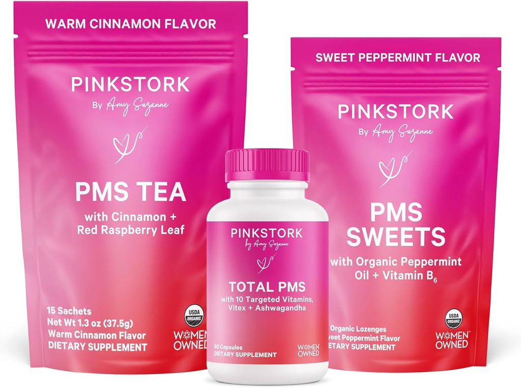 Pink Stork PMS atbalsts Trio: Perioda atvieglojumu papildinājumi, Kanēļkoka tēja, + Piparmētru konfektes, Menstruālais atbalsts, Pirmā perioda komplekts, Hormonu līdzsvars veselīga menstruālā cikla laikā, sievietes nojumes