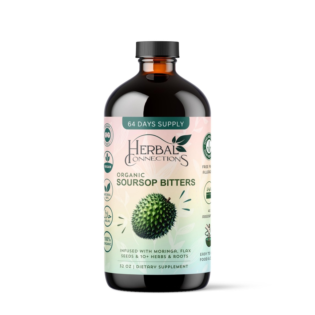 Sorsop Bitters Liquid 32 Ounces - 64 Servisi - 20 Ārstniecības augu formula ar Soursop, Moringa, Sea Moss, Turmeric, Ginger & Cayenne -- Gut Health, Natural Cleanse & Daily Wellness