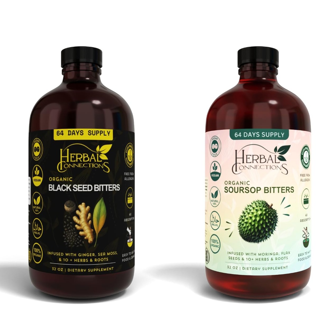Black Seed & Soursop Bitters Bundle – 2 x 32 oz Pudeles - 64-Day Supply – Vegan Organic Herbal Tonic for Digestive Health & Overall Wellness – Nav cukura, ražots ASV.