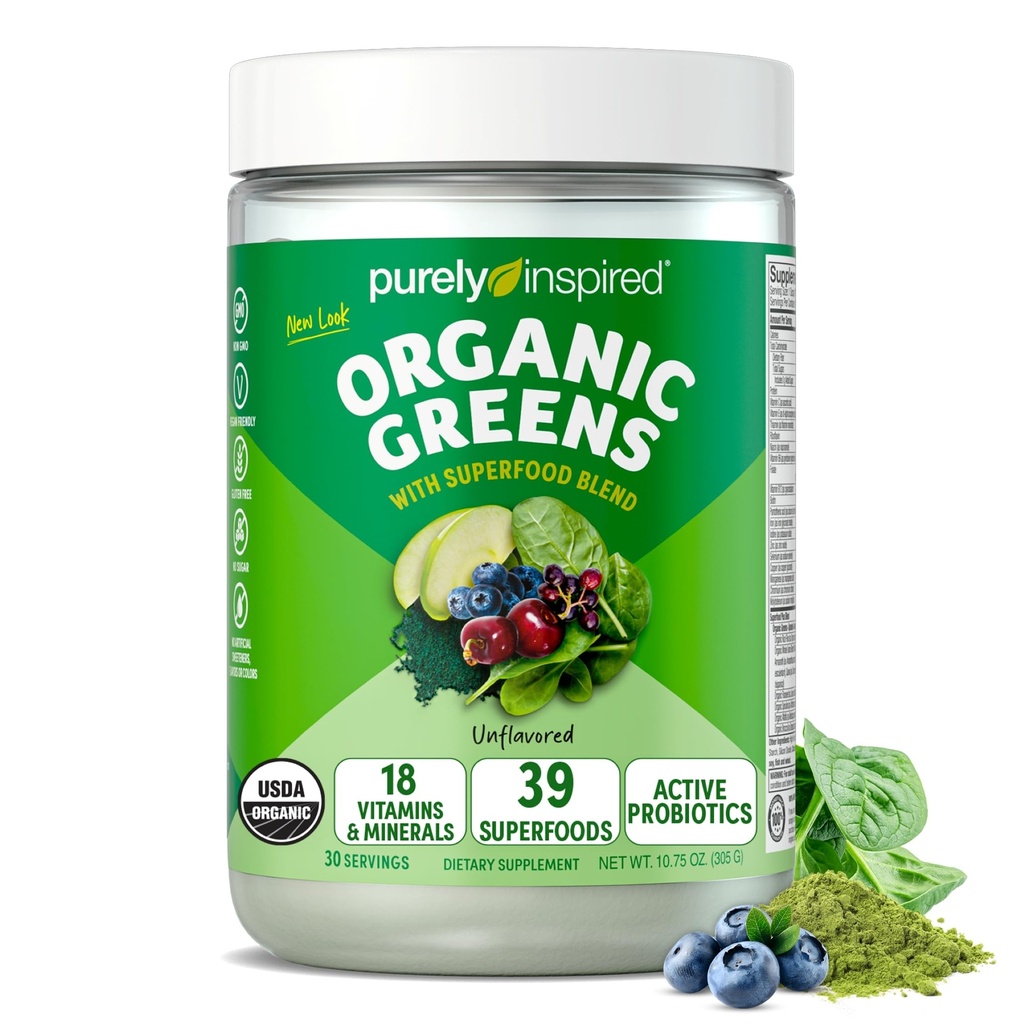 Tīri inspirēti organiskie zaļie pulveri Superfood Smoothie Mix, Unflavored (30 Servings) - Super Greens ar probiotikām, Spirulina un Hlorella priekš Gut & Digestive Health - Vegan