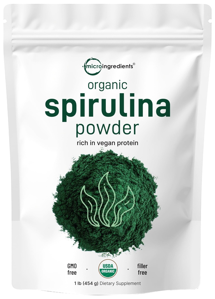 Mikro Sastāvdaļas Organiskais Spirulīna pulveris, 1lb  - Blue-Green Aļģes, bagātas ar vegānu olbaltumvielām, vitamīniem un minerālvielām --- dabas hlorofilu un fermentu avots -- ne-GMO, bez lipekļa, bez piedevām