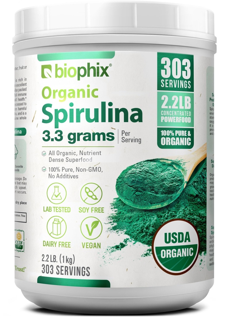 Biophix Organic Spirulina pulveris, 2.2 Lbs 100% Pure Spirulina Blue Green Algae pulveris, vegāns, ne-ĢMO, ne-apstarots, USDA Sertificēts, Labākais proteīns Superfood