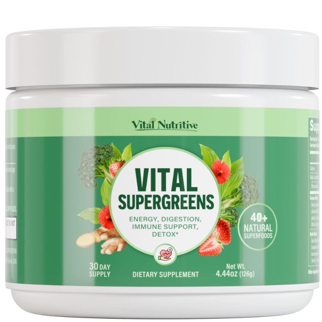Vital Greens Superfood Powder – Jauna Formula ar 40+ Superfoods Dienas Green Drink Powder w/Probiotikas – Supergreans for Energy, Gut Health, Digestion Support, Plant-Based, Vegan Superfoods