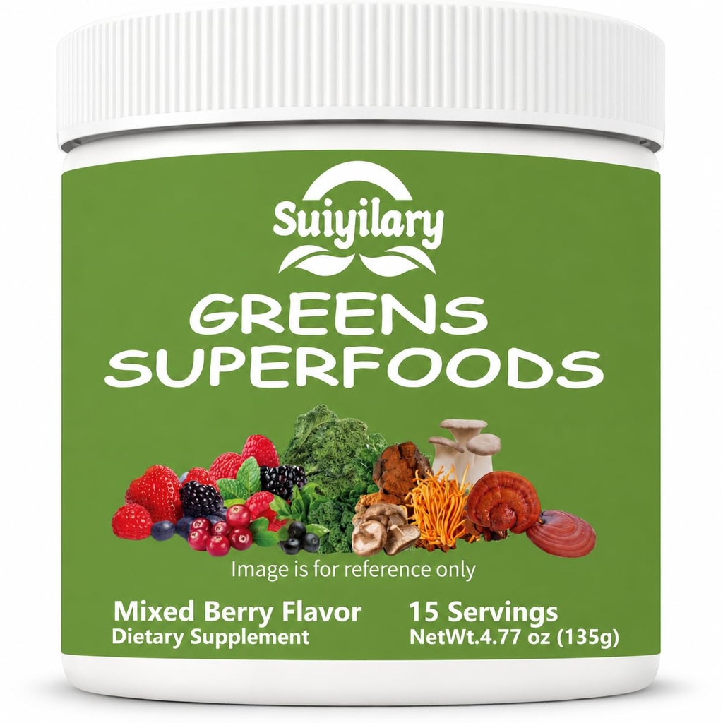 Suiyilary Greens Superfoods Pulveris gremošanas veselībai, bez cukura Super Greens Pulveris, Spirulīna, Hlorella uzpūšanās un Gut atbalsts, Dienas atbalsts sievietēm, Jaukta Berry (15 Kalpo)