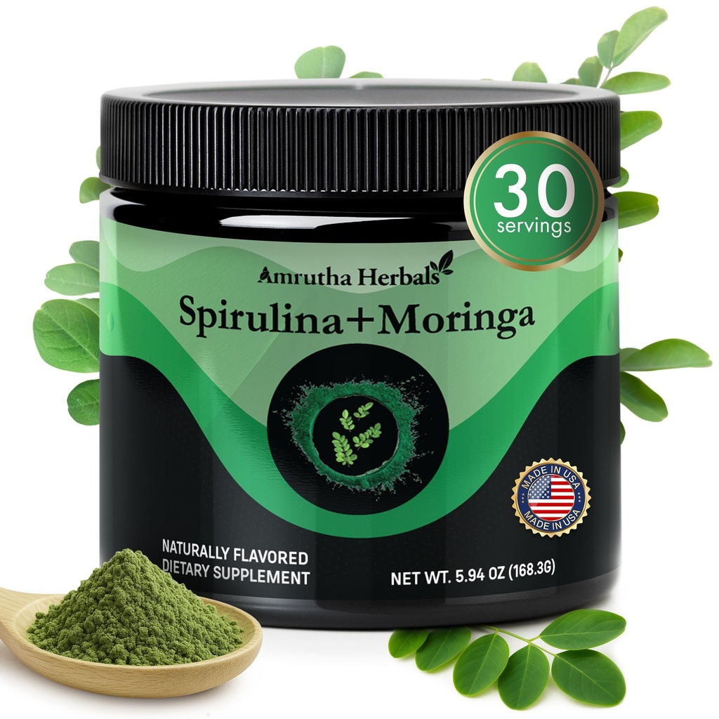Organic Spirulina + Organic Moringa Greens Pulveris bez lipekļa, Vegan Friendly, Detox & Digest, Superfoods 30 Serviss Ražots ASV