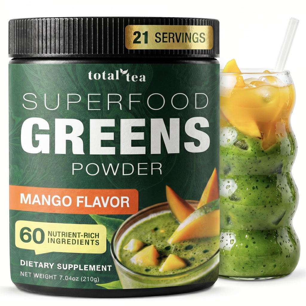 Tēja Super Greens pulvera papildinājums, Zaļš, Augļi, Dārzeņi, Vegan Drink with Spirulina, Hlorella un Vitamīni 25 Servējumi - Mango