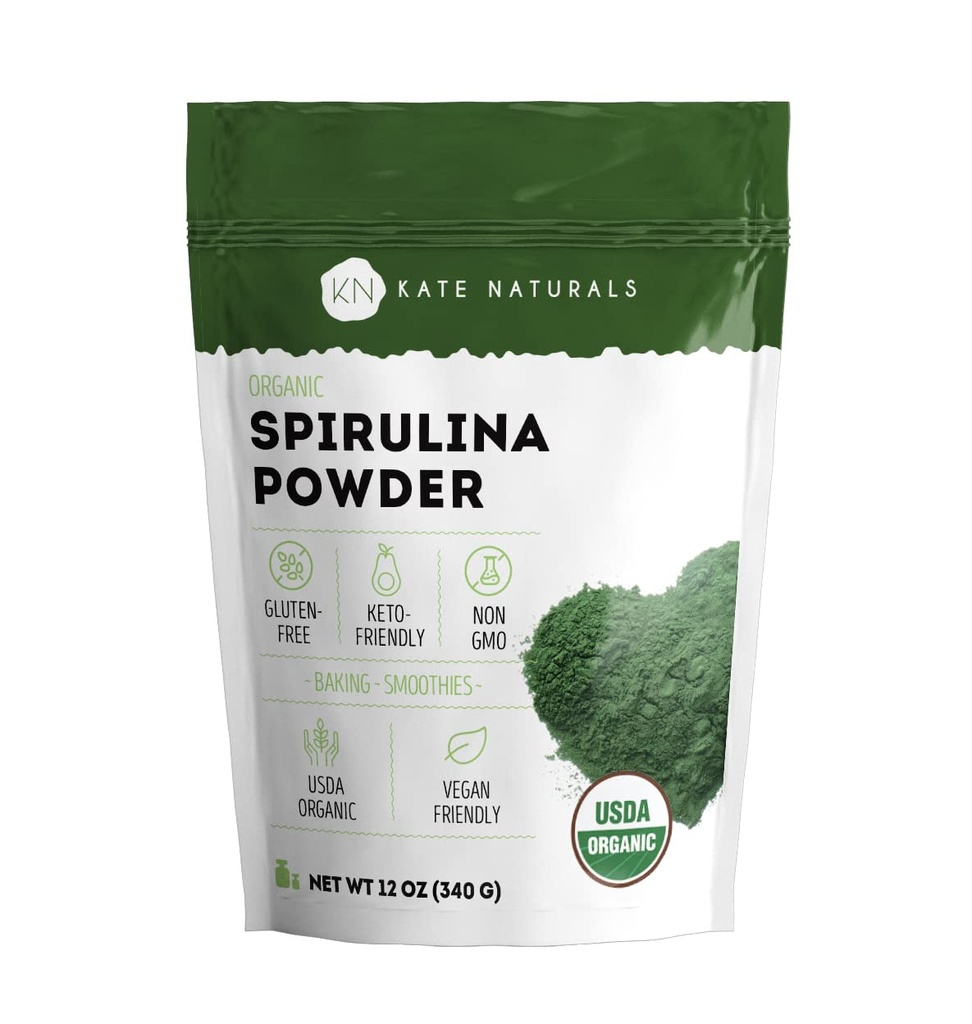 Kate Naturals Organic Spirulina pulveris. Barības piedevas Superfood pielikums (12 oz, USDA Sertificēts, ne-GMO, bez lipekļa)