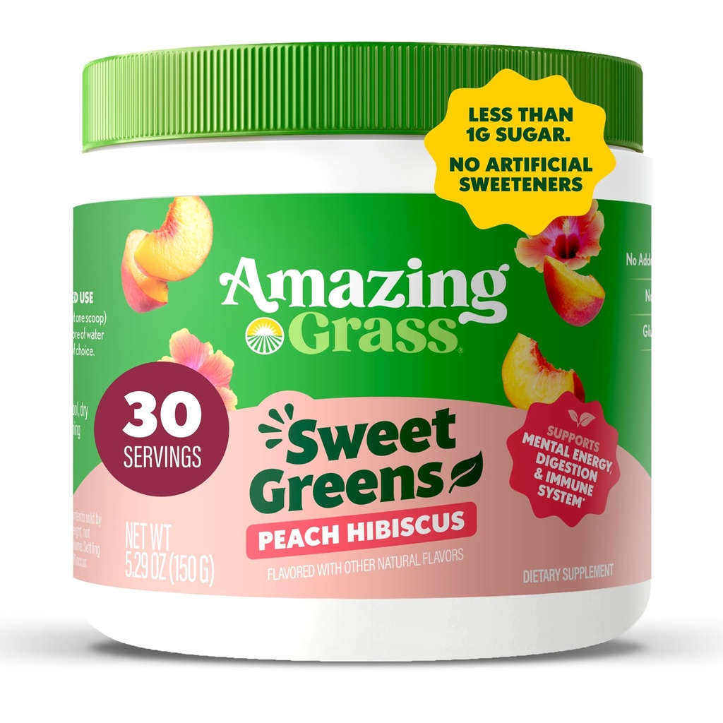 Apbrīnojami zāles saldie zaļie un Superfoods Pulveris gremošanas veselībai, Zaļš pulveris, Gremošanas enzīmi, Probiotikas, Spirulina, Hlorella, Persiku Hibiscus, 30 Kalpo