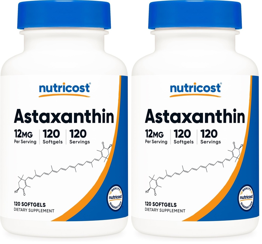 Nutricost Astaksantīns 12mg, bez GMO un lipekļa, 120 softgeli (4 mēnešu piegādes) (2. iepakojums)