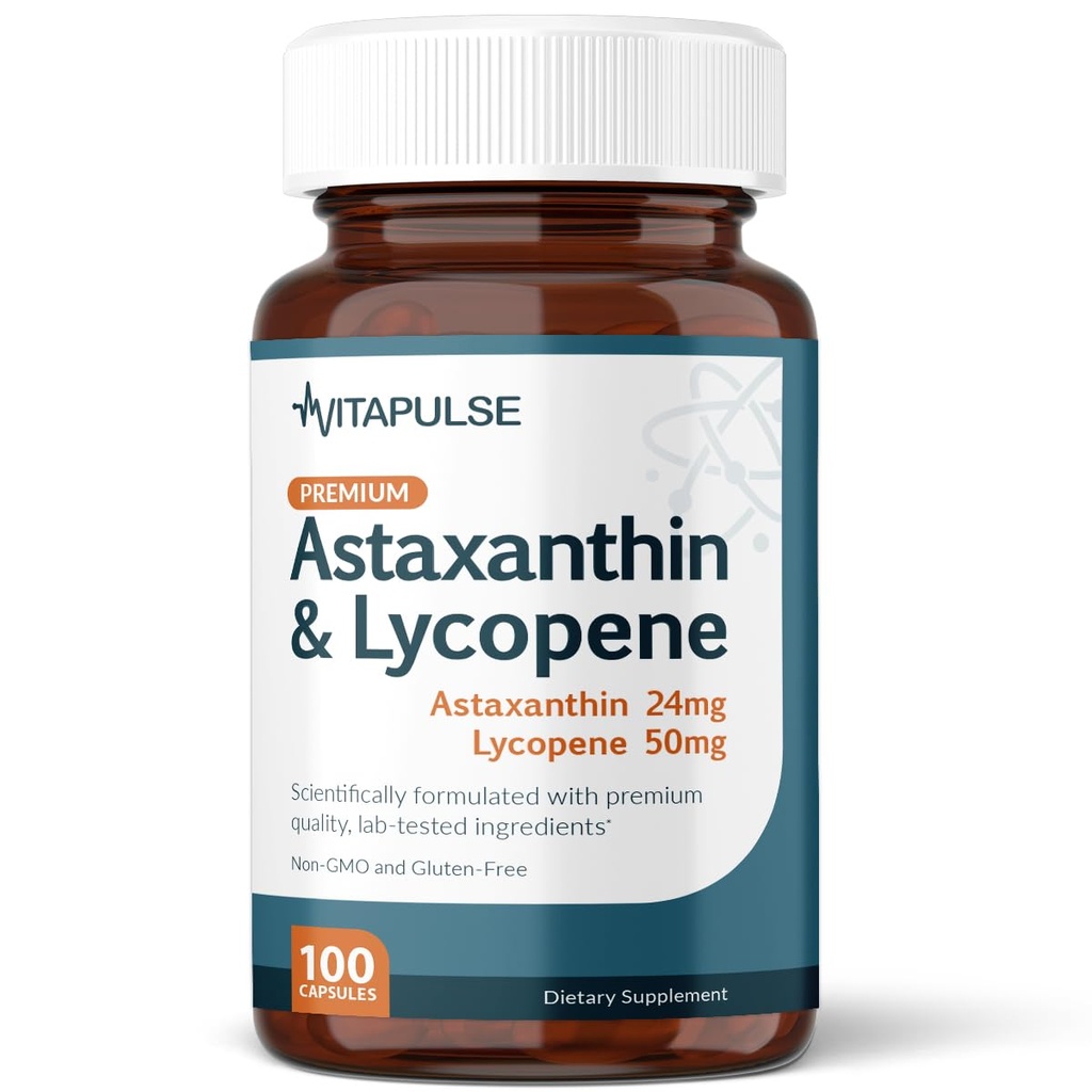 Astaksantīns 24 mg ar Lycopene 50 mg papildinājumu, 100 Veģetārās kapsulas, bez GMO, bez lipekļa