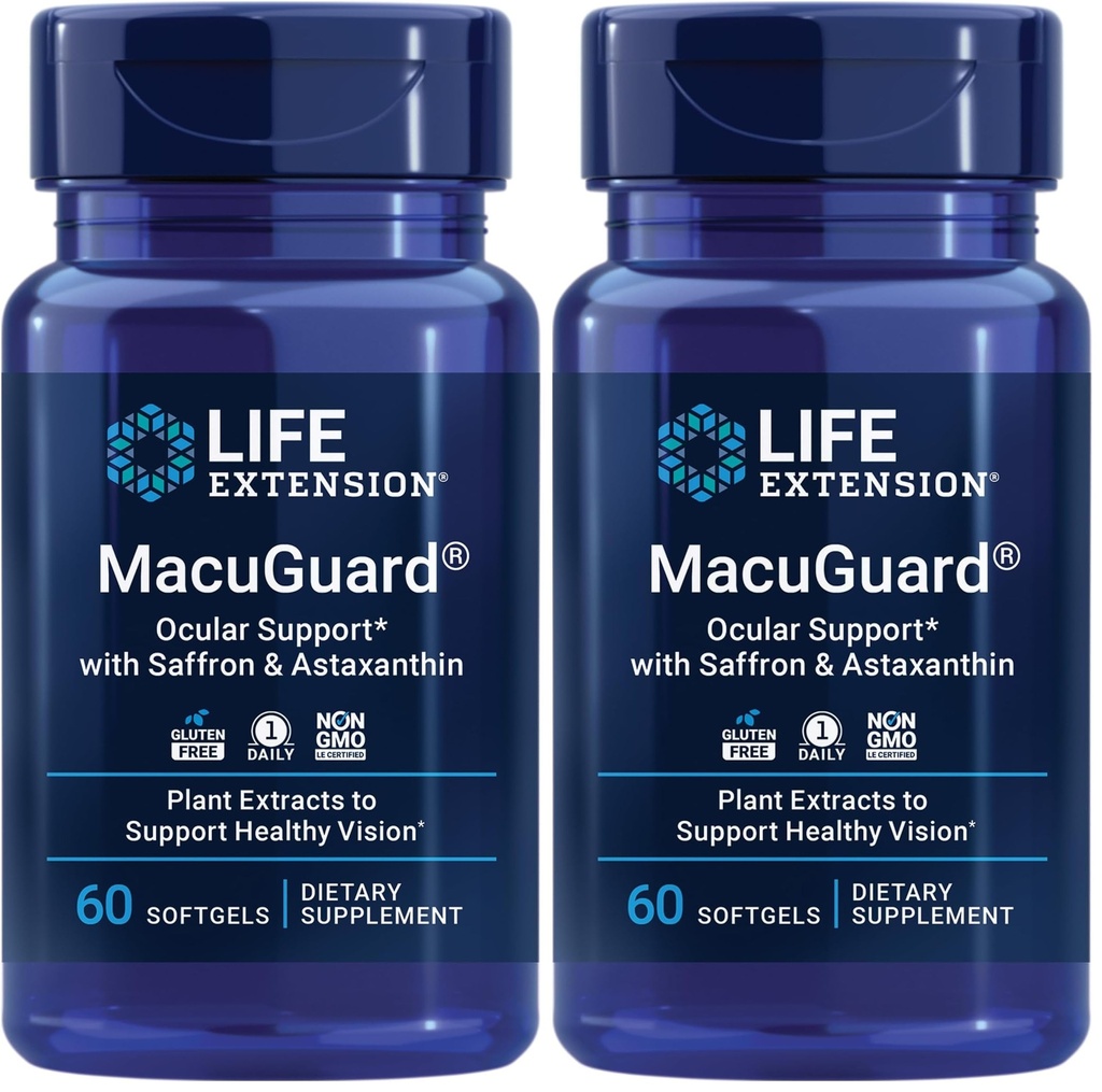 Life Extension MacuGuard Acu atbalsts ar safronu un astaksantīnu – Acu veselības papildinājums veselīgai redzei – ar luteīnu, zeaksantīnu, mezo-zeaksantīnu – bez lipekļa, ne-GMO – 60 softgeliem