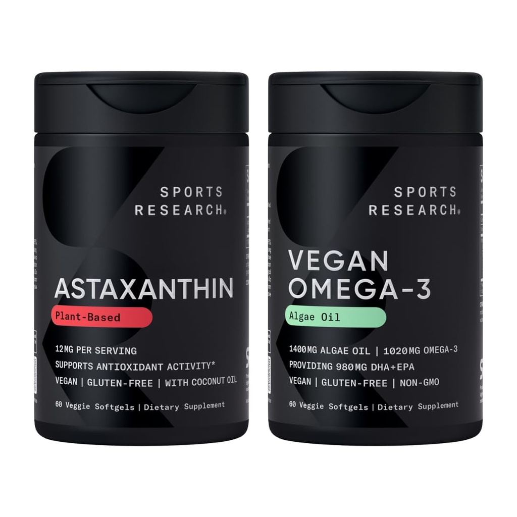 Sporta pētījumi® Vegan Antioksidantu atbalsta iepakojums - Omega-3 Aļģu eļļa un augu eļļas Astaksantīna softgeli antioksidantu aktivitātei, ādas un acu veselībai (60 Veggie Softgels katrs)