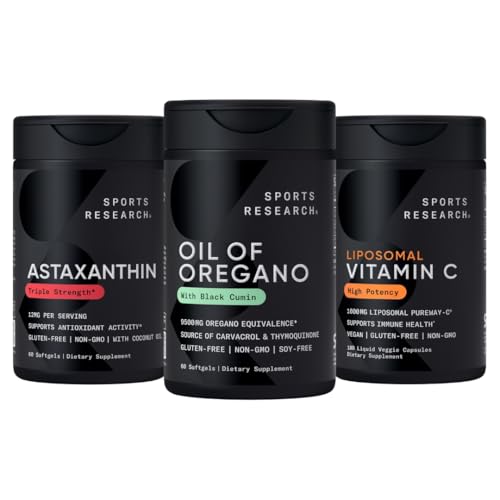 Sporta pētījumi® Antioksidantu atbalsta iepakojums - Oregano 9500mg eļļa + Triple Strength Astaksantīns 12mg + Liposomu C vitamīna papildinājums 1000 mg